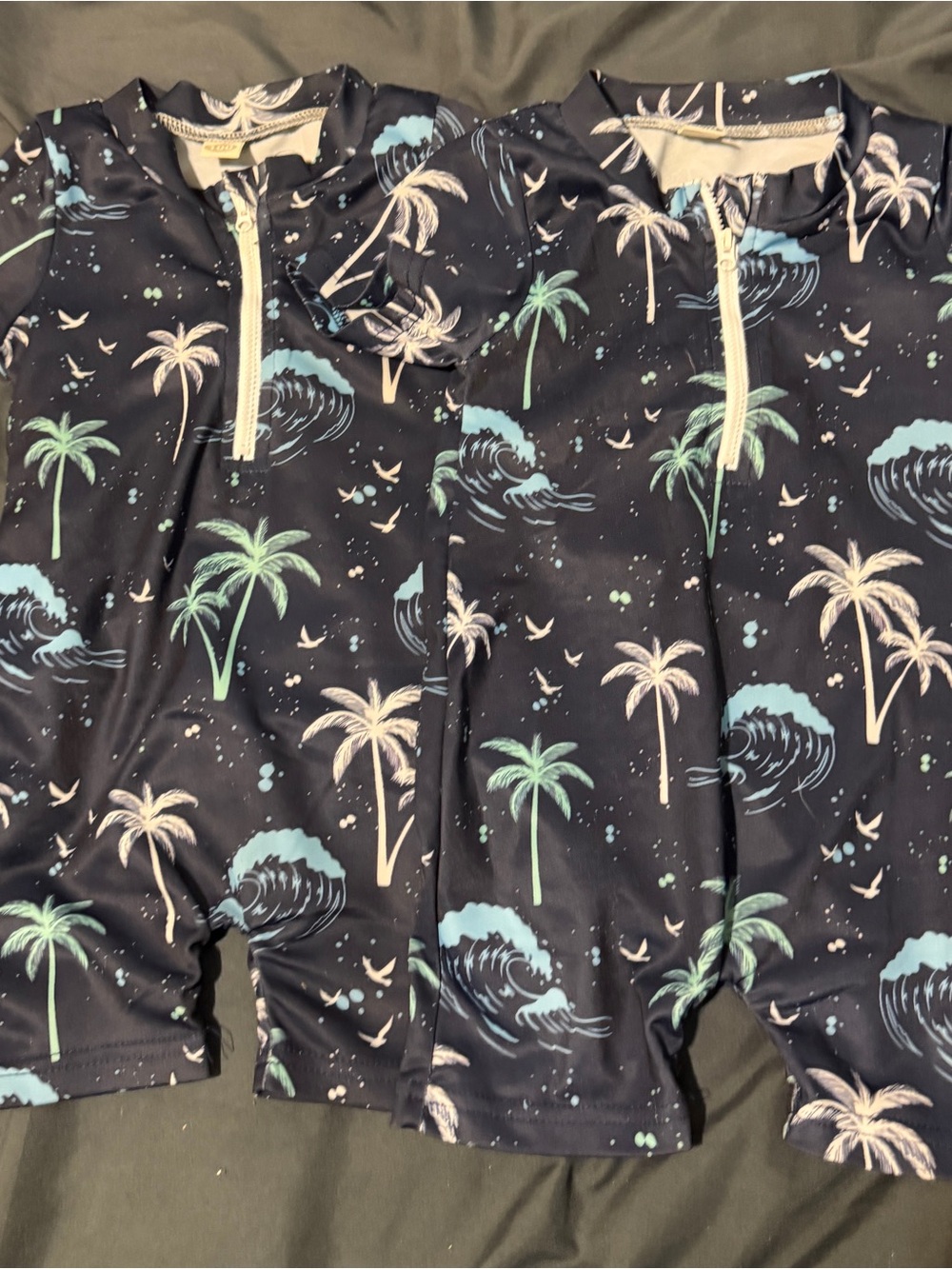 Kids Navy Palm Tree Zip-Front Rashguard Romper - Short Sleeve